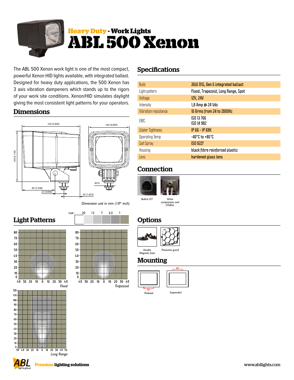 Abl 500 xenon, Specifications, Heavy duty - work lights connection | Mounting, Options, Dimensions, Light patterns | ABL Lights Group ABL 500 Xenon User Manual | Page 2 / 2