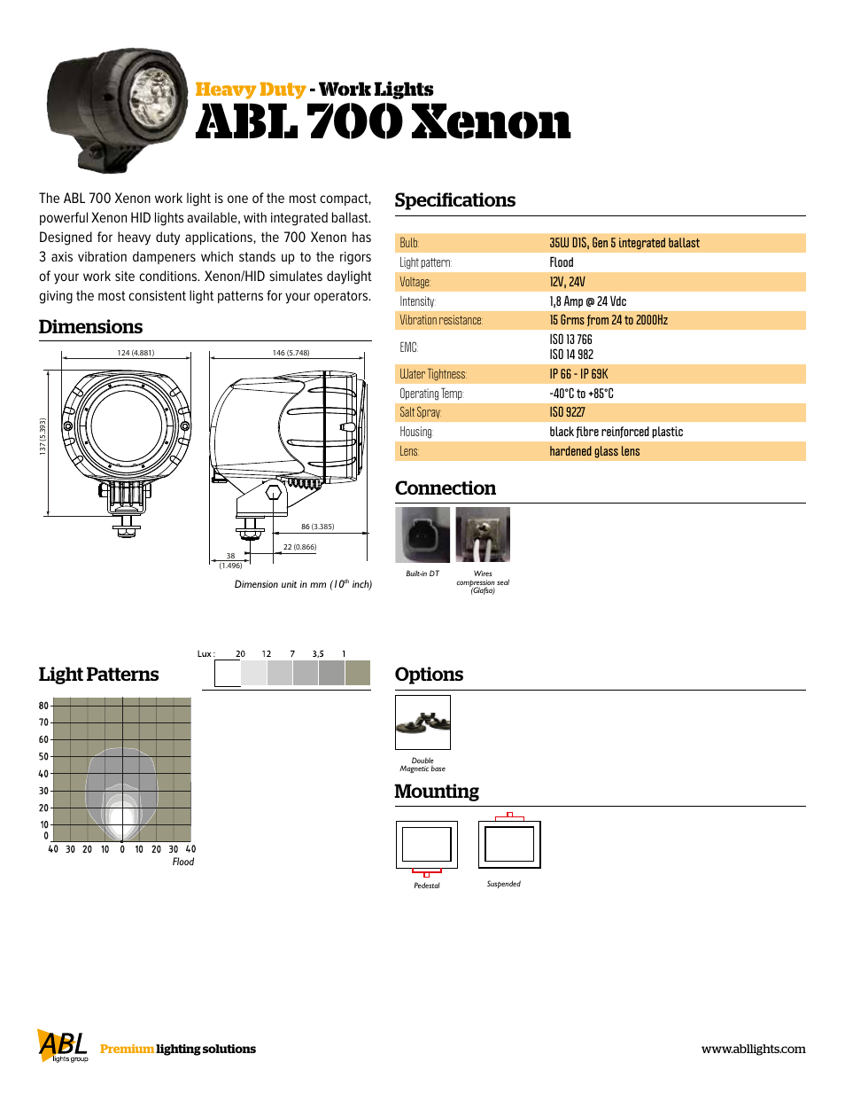 Abl 700 xenon, Specifications, Heavy duty - work lights connection | Mounting, Options, Dimensions, Light patterns | ABL Lights Group ABL 700 Xenon User Manual | Page 2 / 2
