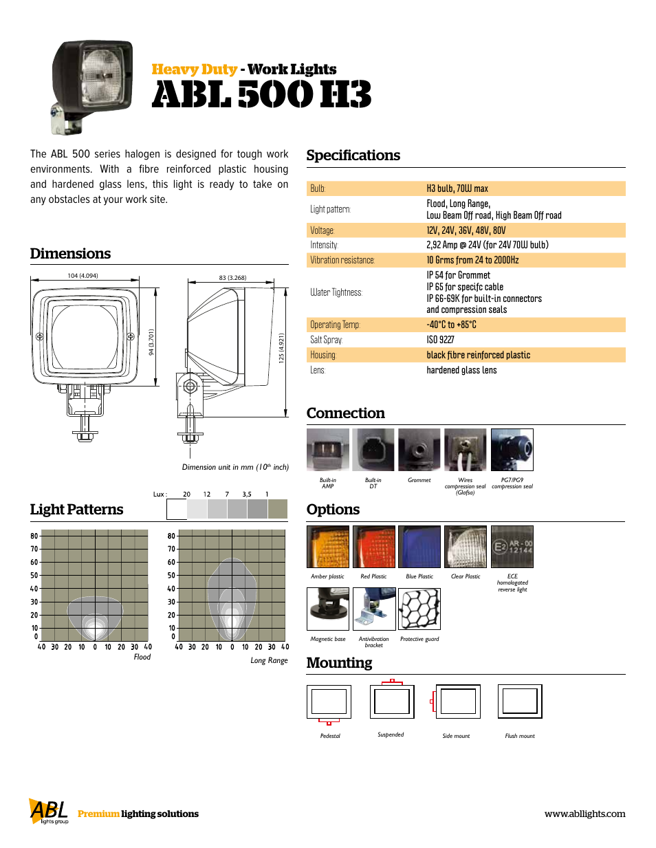 Abl 500 h3, Specifications heavy duty - work lights, Dimensions | Connection, Mounting, Options, Light patterns | ABL Lights Group ABL 500 H3 User Manual | Page 2 / 2