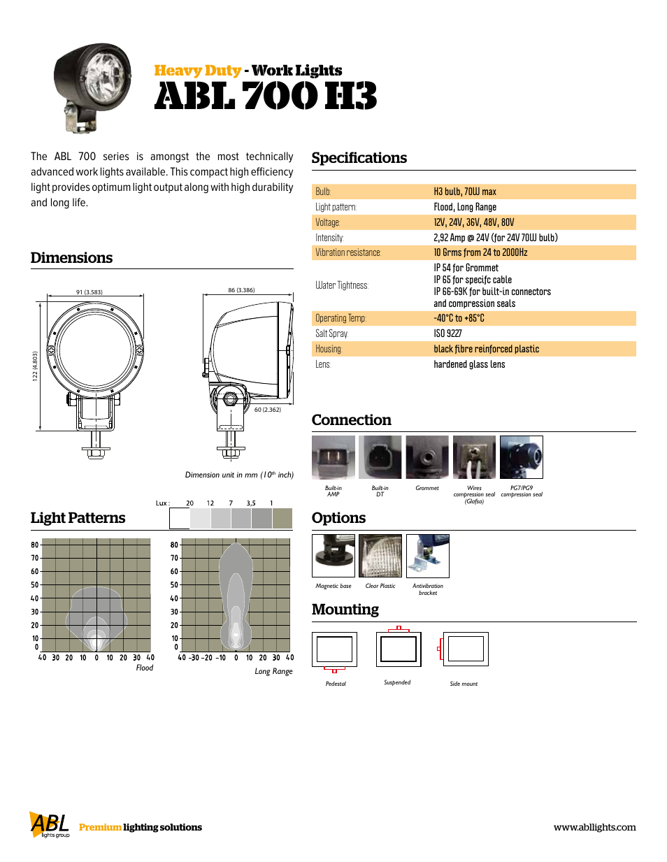 Abl 700 h3, Specifications, Heavy duty - work lights | Dimensions, Connection, Mounting, Options light patterns | ABL Lights Group ABL 700 H3 User Manual | Page 2 / 2