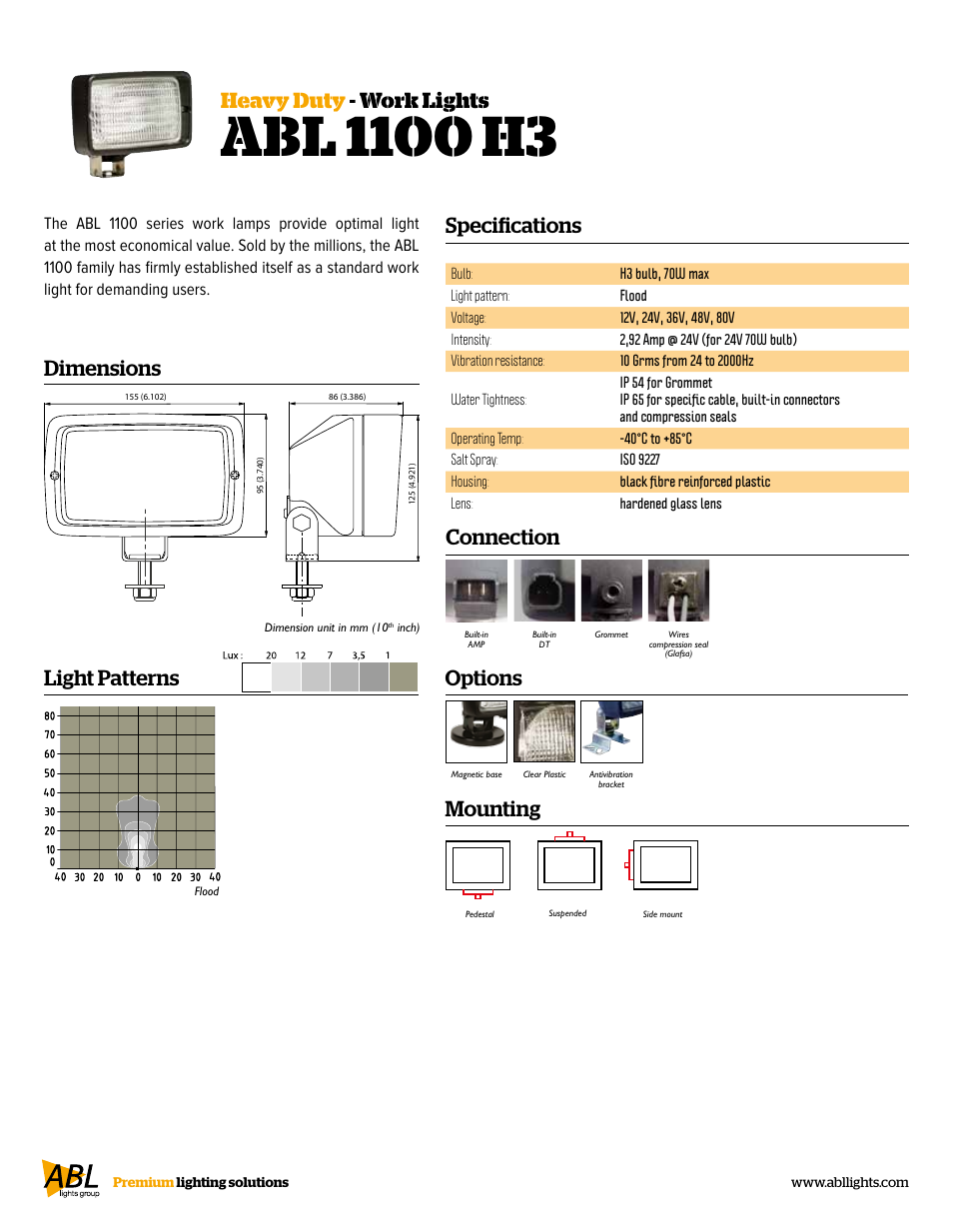 Specifications, Heavy duty - work lights, Dimensions | Connection, Mounting, Options light patterns | ABL Lights Group ABL 1100 H3 User Manual | Page 2 / 2