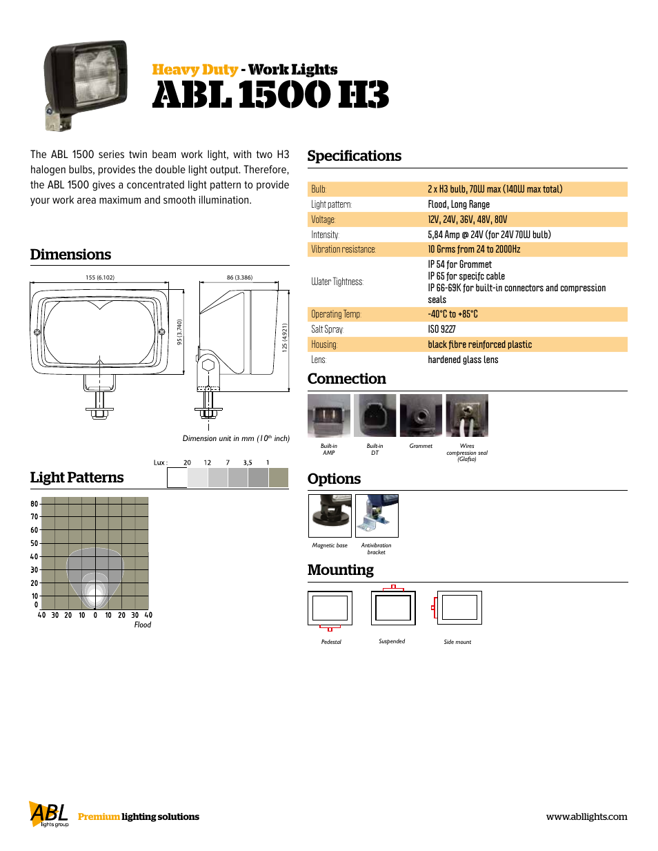 Specifications, Heavy duty - work lights, Dimensions | Connection, Mounting, Options light patterns | ABL Lights Group ABL 1500 H3 User Manual | Page 2 / 2