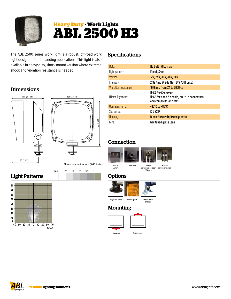 Specifications, Heavy duty - work lights dimensions, Connection | Mounting, Options light patterns | ABL Lights Group ABL 2500 H3 User Manual | Page 2 / 2
