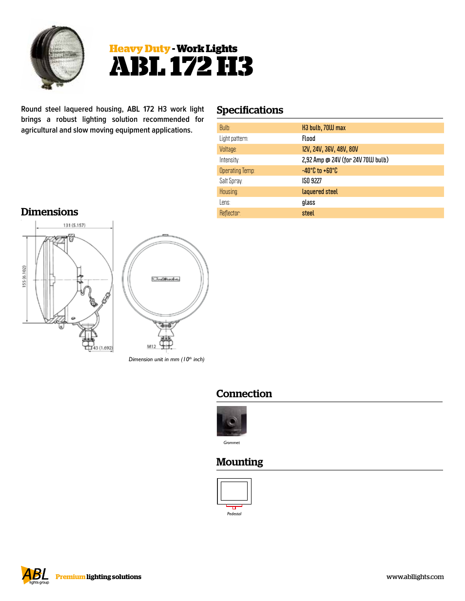 Abl 172 h3, Heavy duty - work lights, Specifications | Connection mounting, Dimensions | ABL Lights Group ABL 172 H3 User Manual | Page 2 / 2