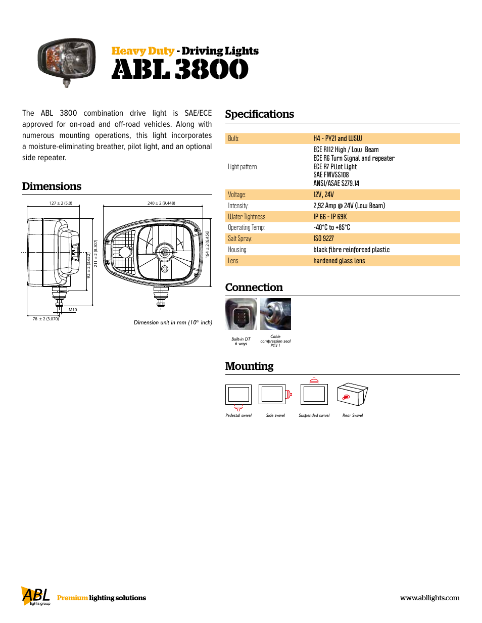 Abl 3800, Dimensions, Specifications connection | Heavy duty - driving lights mounting | ABL Lights Group ABL 3800 User Manual | Page 2 / 2