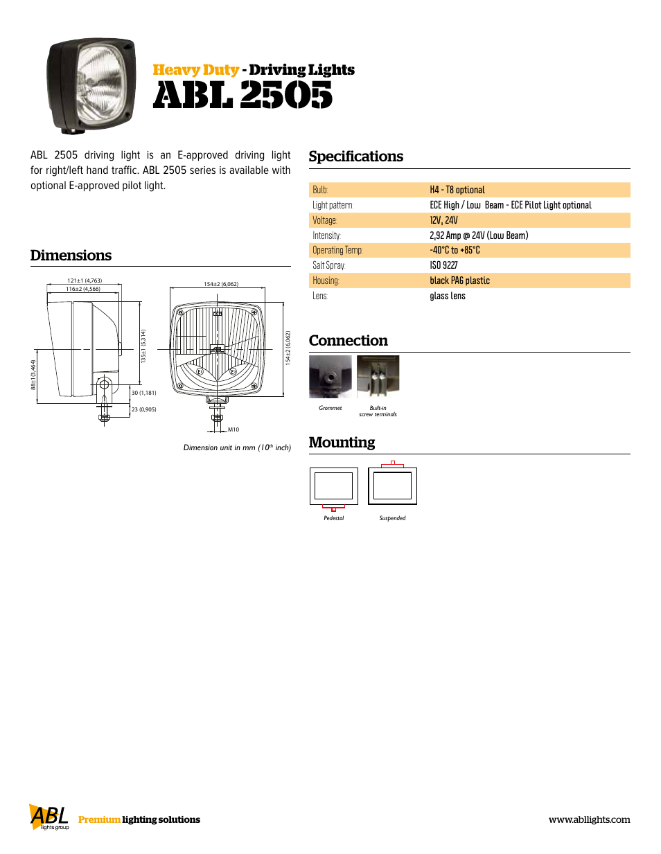 Abl 2505, Specifications, Dimensions | Heavy duty - driving lights connection mounting | ABL Lights Group ABL 2505 User Manual | Page 2 / 2