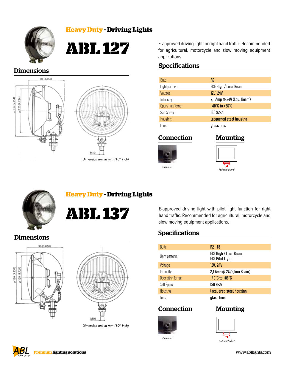 Abl 127, Abl 137, Specifications | Heavy duty - driving lights, Dimensions heavy duty - driving lights, Connection, Mounting, Dimensions | ABL Lights Group ABL 137 User Manual | Page 2 / 2