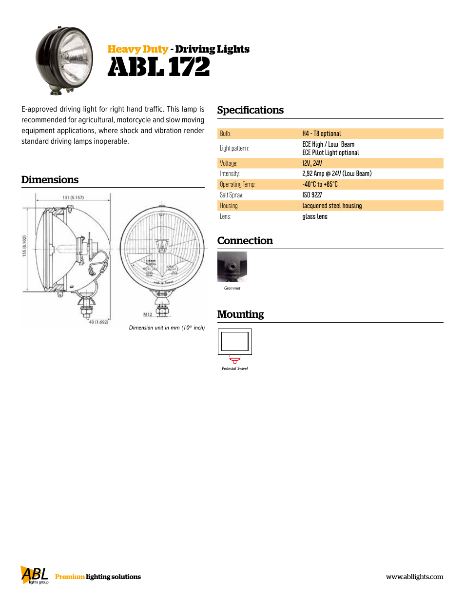 Abl 172, Specifications, Dimensions heavy duty - driving lights | Connection, Mounting | ABL Lights Group ABL 172 User Manual | Page 2 / 2