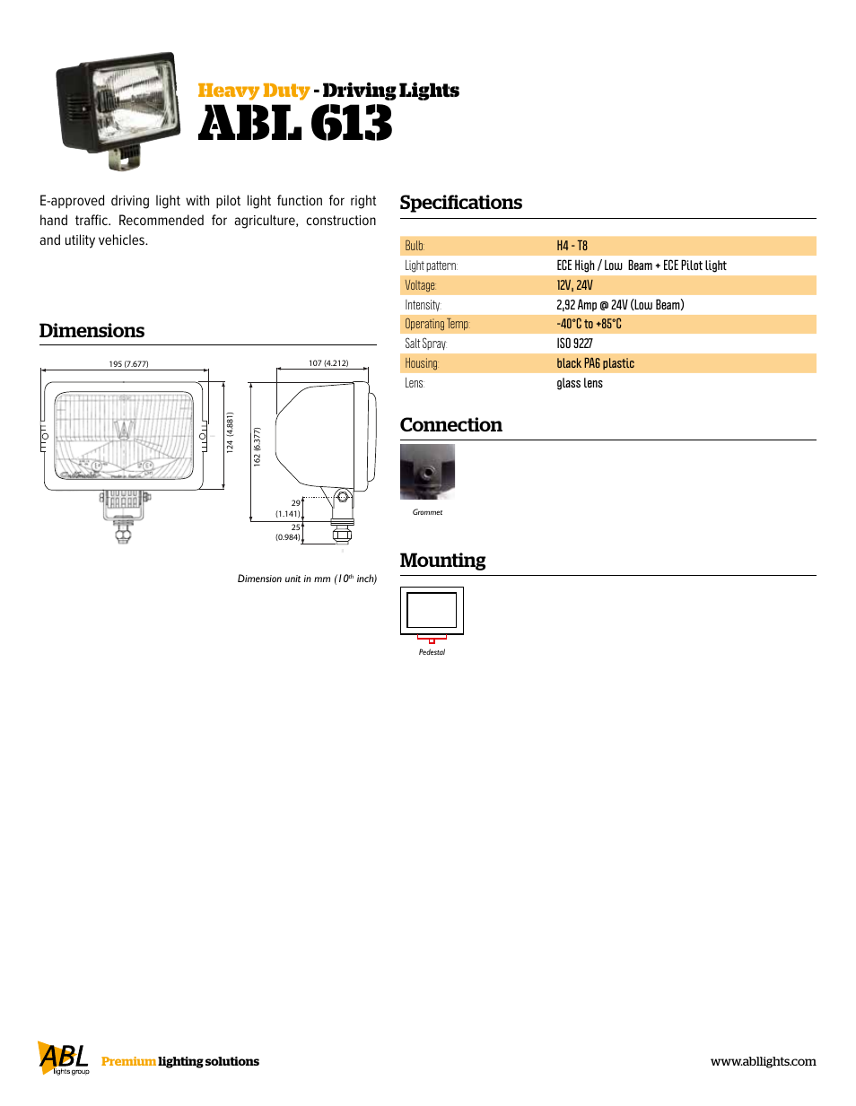 Abl 613, Specifications, Dimensions | Heavy duty - driving lights, Connection, Mounting | ABL Lights Group ABL 613 User Manual | Page 2 / 2