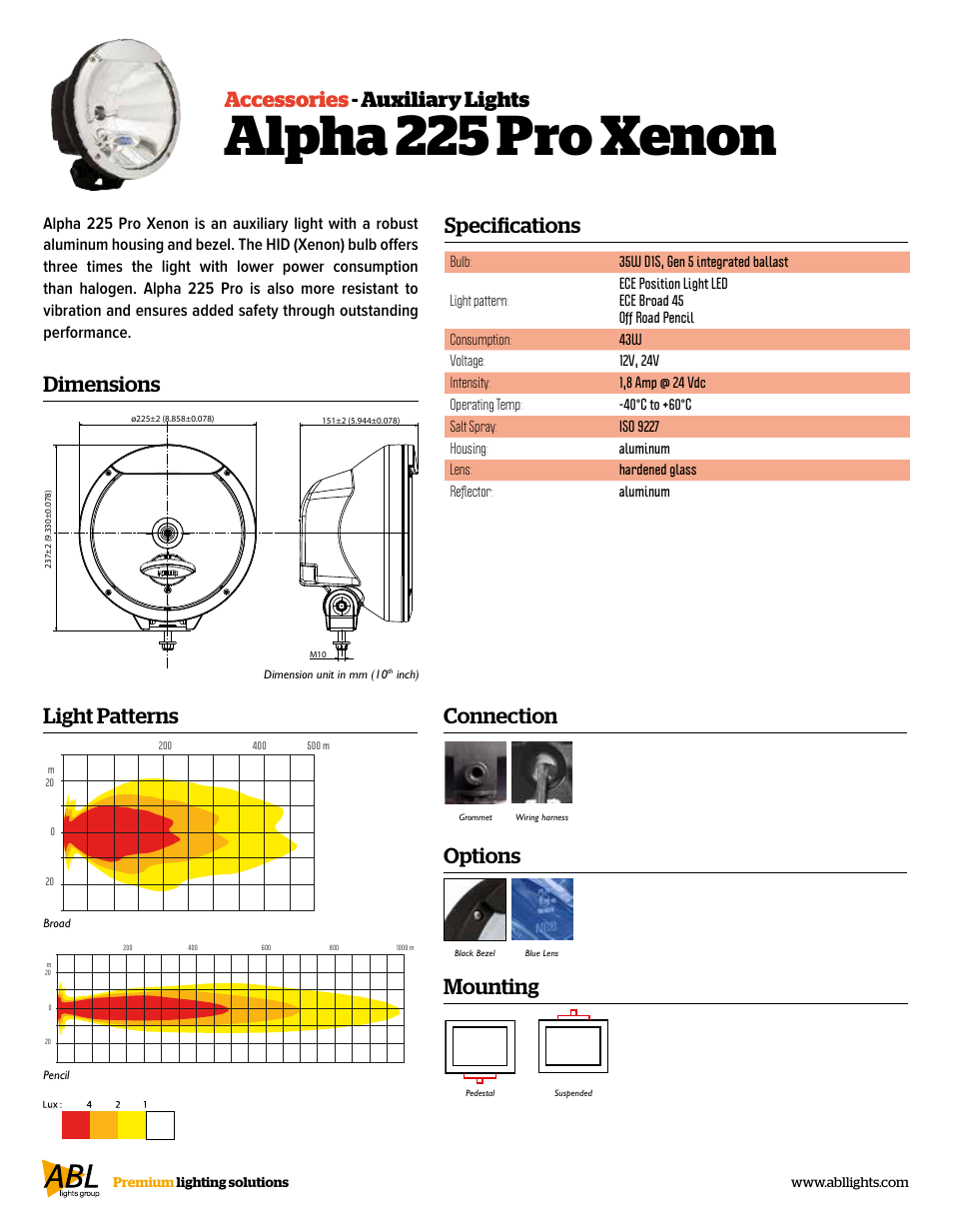 Alpha 225 pro xenon, Specifications accessories - auxiliary lights, Dimensions | Connection, Mounting, Options, Light patterns | ABL Lights Group Alpha 225 Pro Xenon User Manual | Page 2 / 2