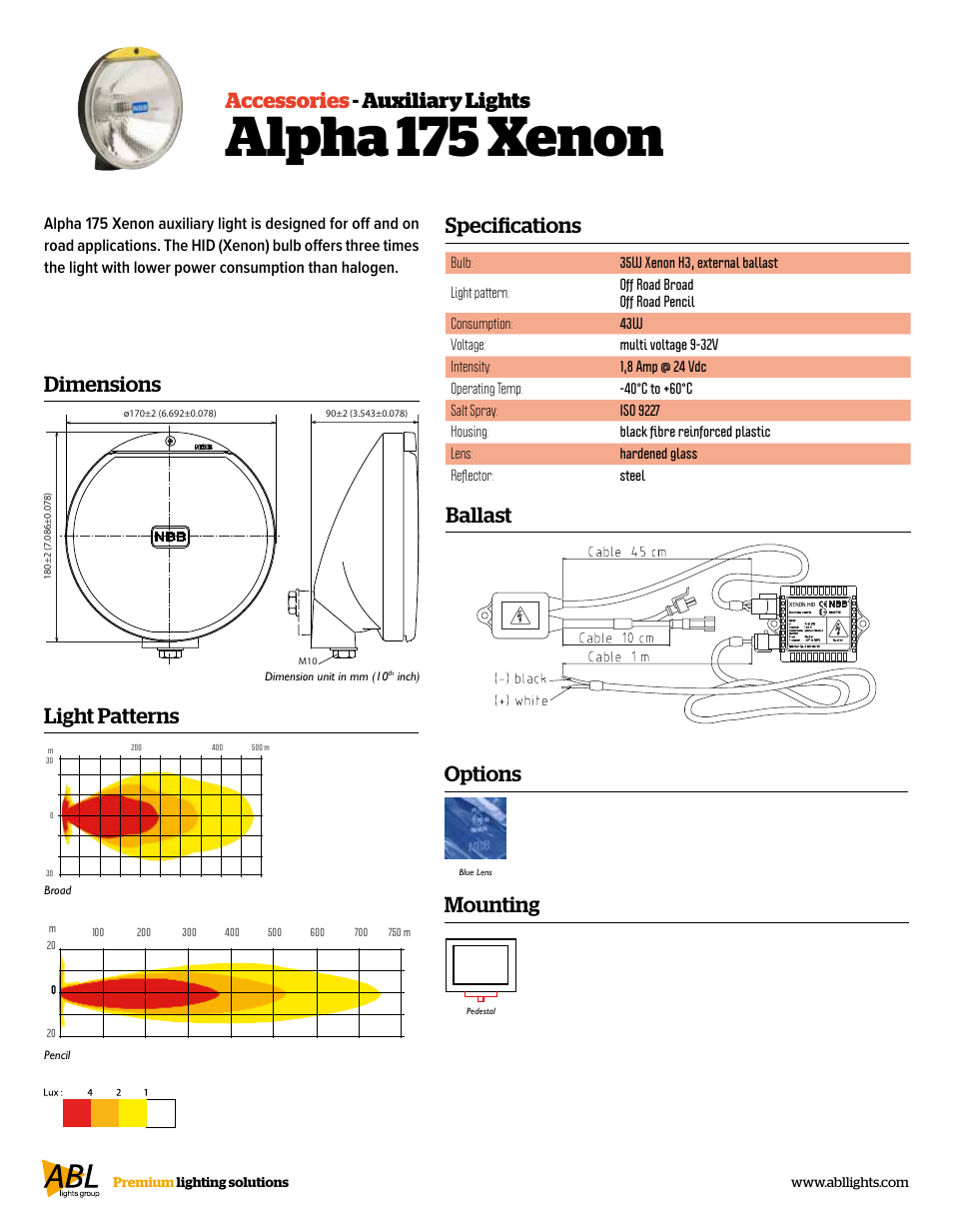 Alpha 175 xenon, Specifications accessories - auxiliary lights, Dimensions ballast | Light patterns, Mounting, Options | ABL Lights Group Alpha 175 User Manual | Page 2 / 2