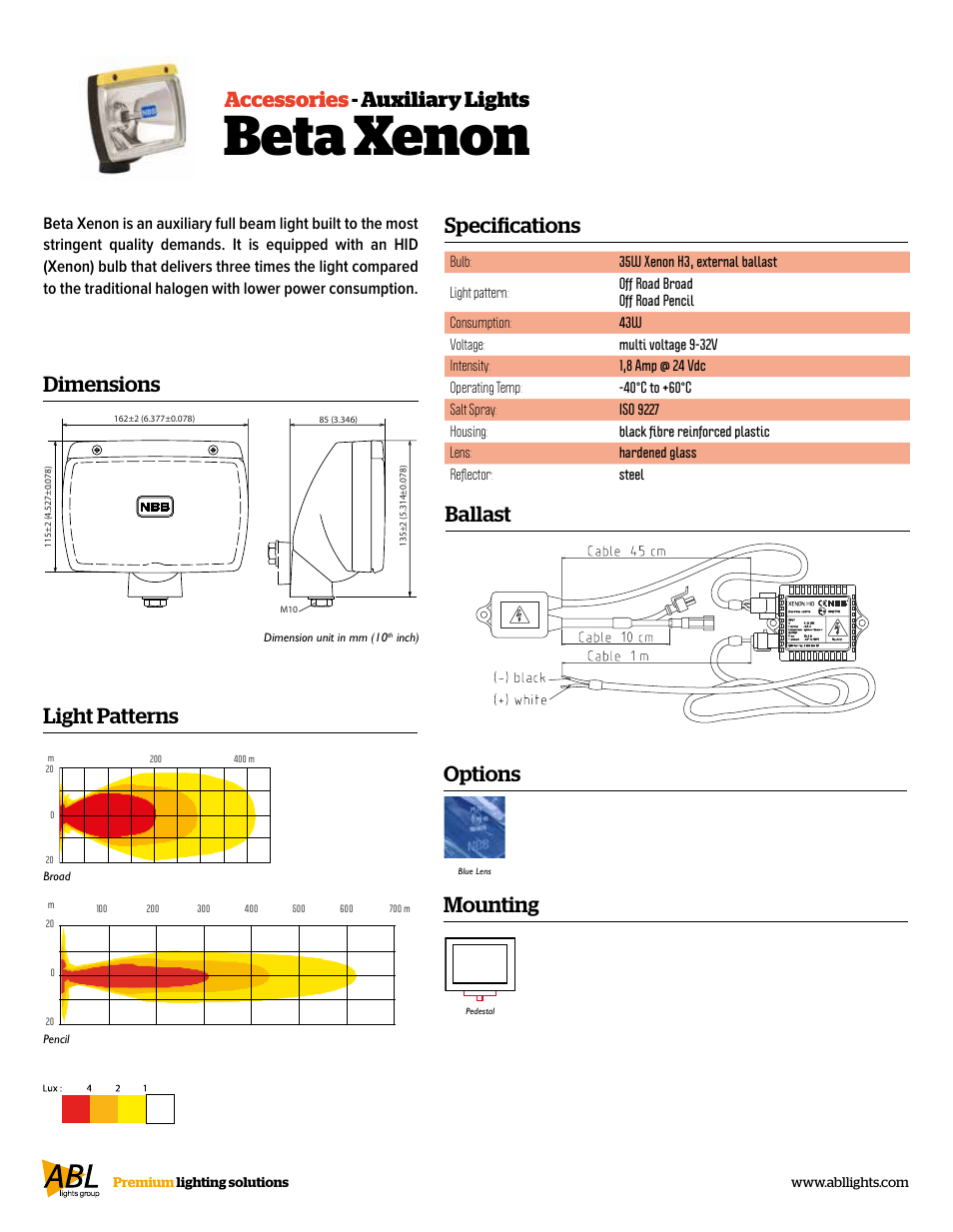 Beta xenon, Specifications accessories - auxiliary lights, Dimensions ballast light patterns | Mounting, Options | ABL Lights Group Beta Xenon User Manual | Page 2 / 2