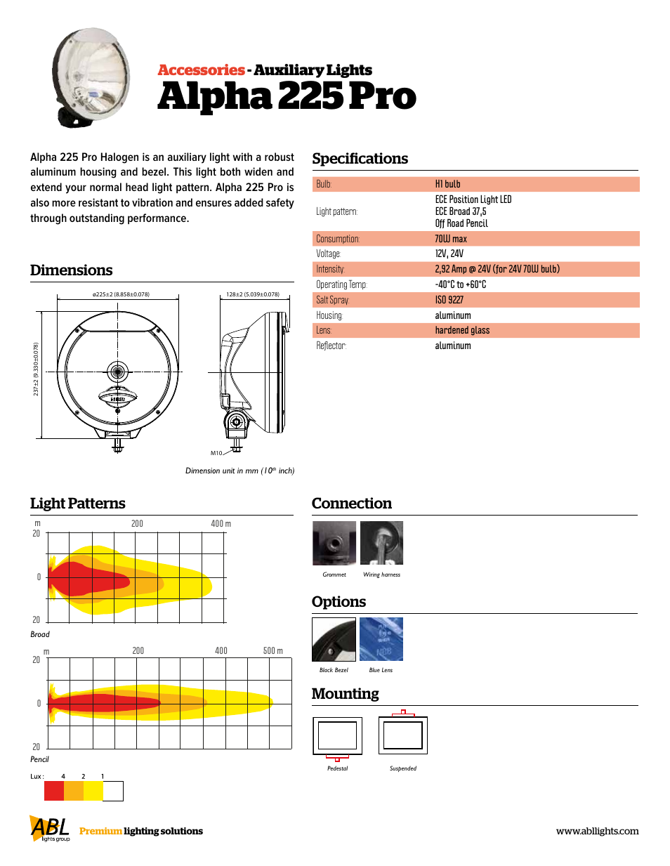 Alpha 225 pro, Specifications accessories - auxiliary lights, Dimensions | Connection, Mounting, Options, Light patterns | ABL Lights Group Alpha 225 Pro User Manual | Page 2 / 2