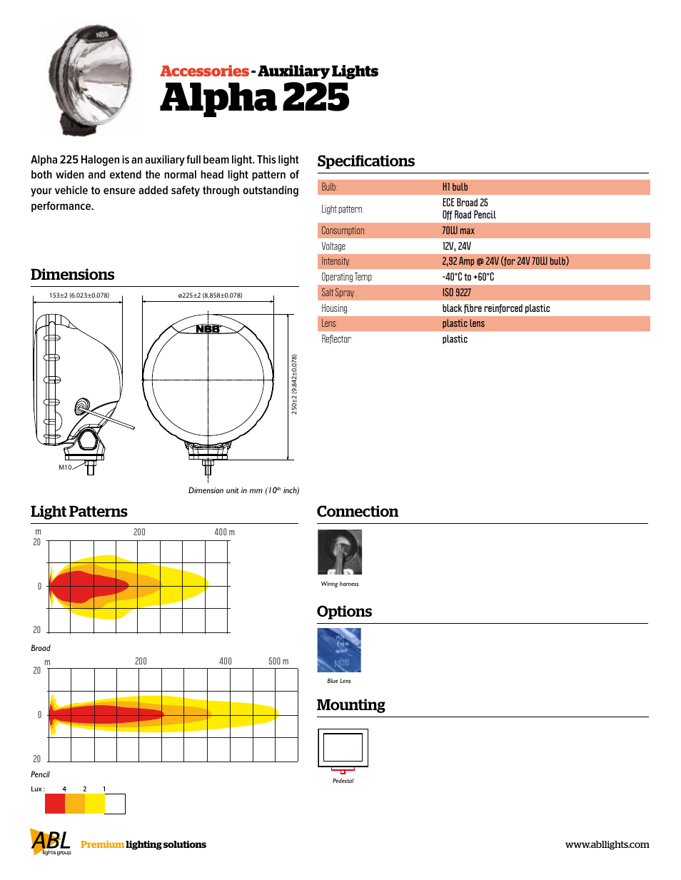 Alpha 225, Specifications accessories - auxiliary lights, Dimensions connection | Mounting, Options, Light patterns | ABL Lights Group Alpha 225 User Manual | Page 2 / 2