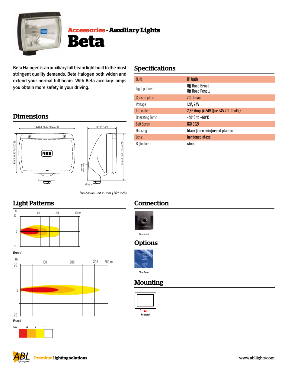 Beta, Specifications accessories - auxiliary lights, Dimensions | Light patterns, Mounting, Options, Connection | ABL Lights Group Beta User Manual | Page 2 / 2