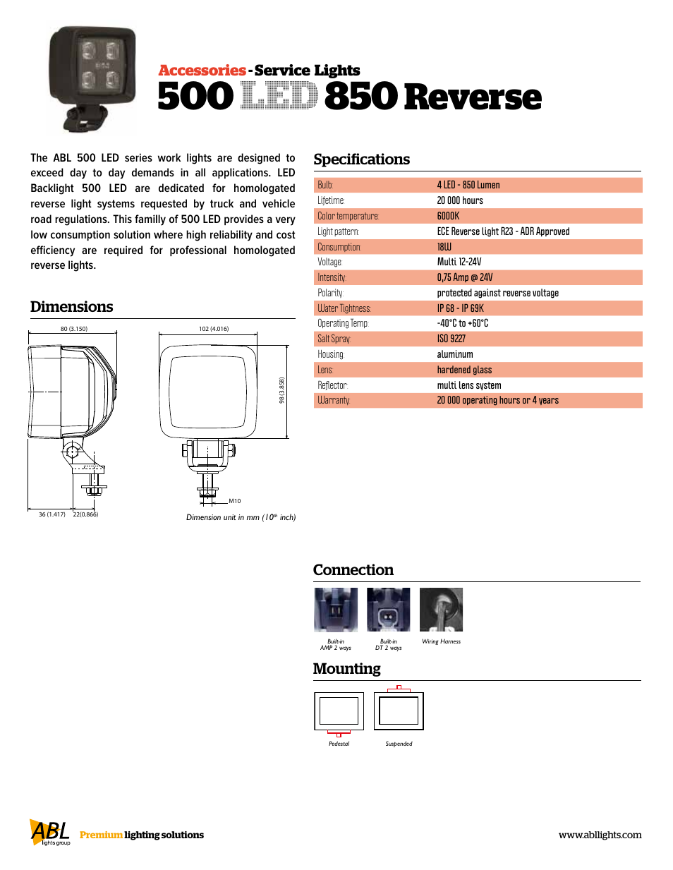 Reverse, Specifications, Accessories - service lights dimensions | Connection, Mounting | ABL Lights Group ABL 500 LED 850 Reverse User Manual | Page 2 / 2
