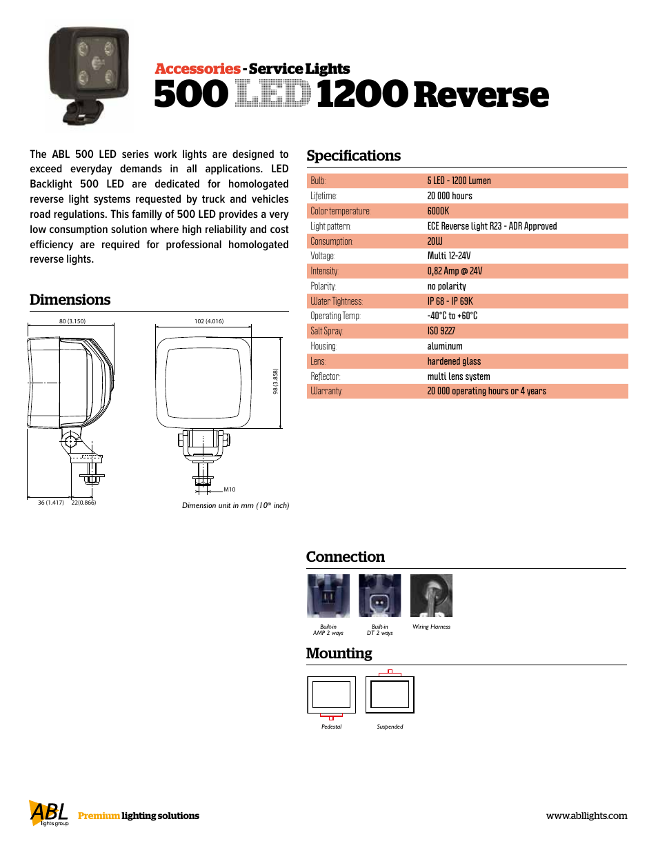 Reverse, Accessories - service lights, Specifications connection | Mounting, Dimensions | ABL Lights Group ABL 500 LED 1200 Reverse User Manual | Page 2 / 2