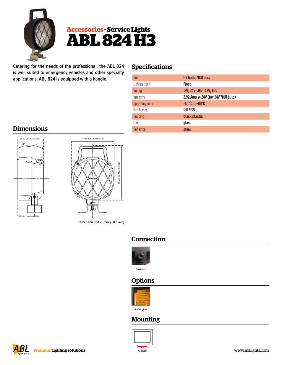 Abl 824 h3, Accessories - service lights, Specifications | Connection mounting options, Dimensions | ABL Lights Group ABL 824 H3 User Manual | Page 2 / 2