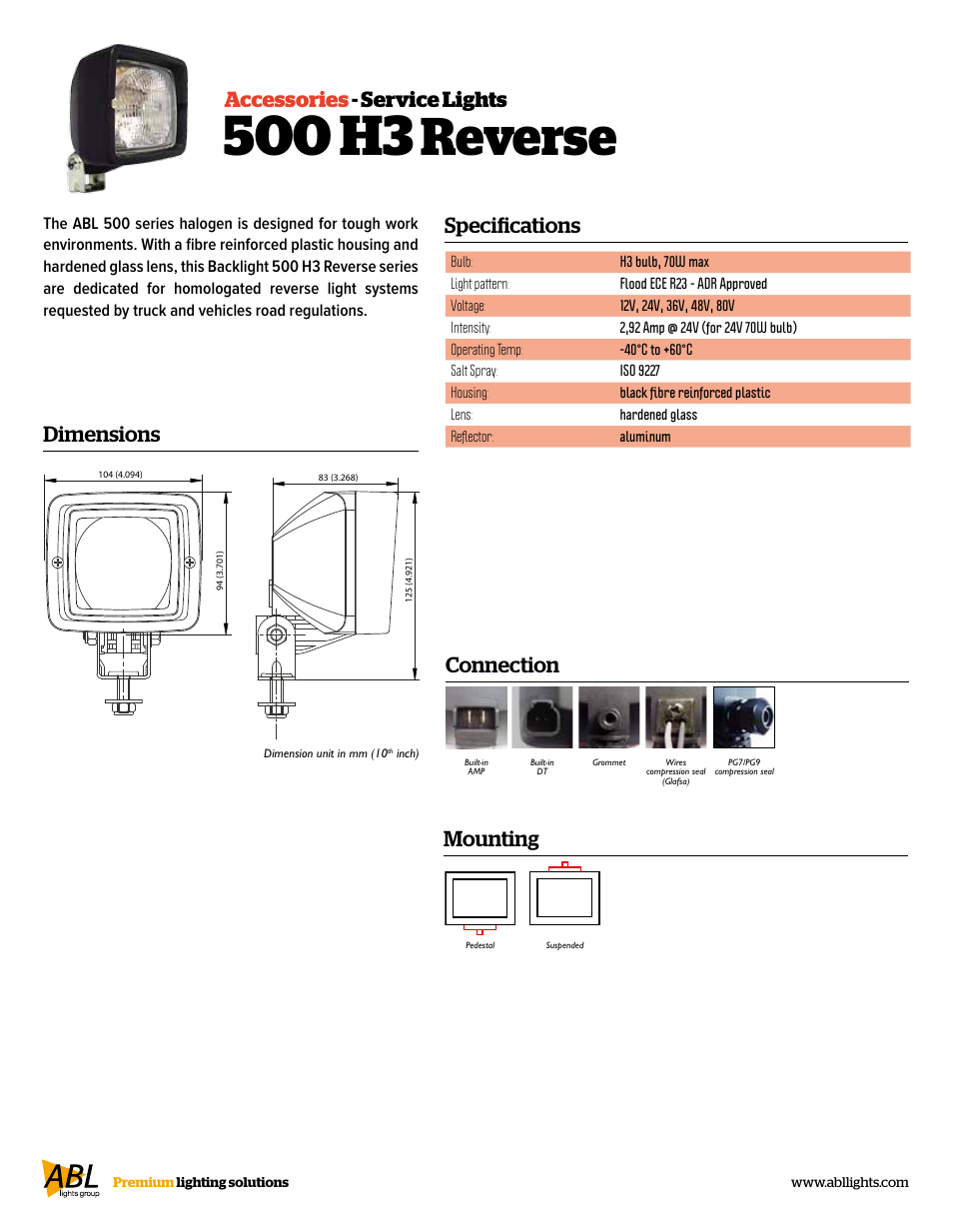 500 h3, Reverse, Specifications | Accessories - service lights dimensions, Mounting, Connection | ABL Lights Group ABL 500 H3 Reverse User Manual | Page 2 / 2