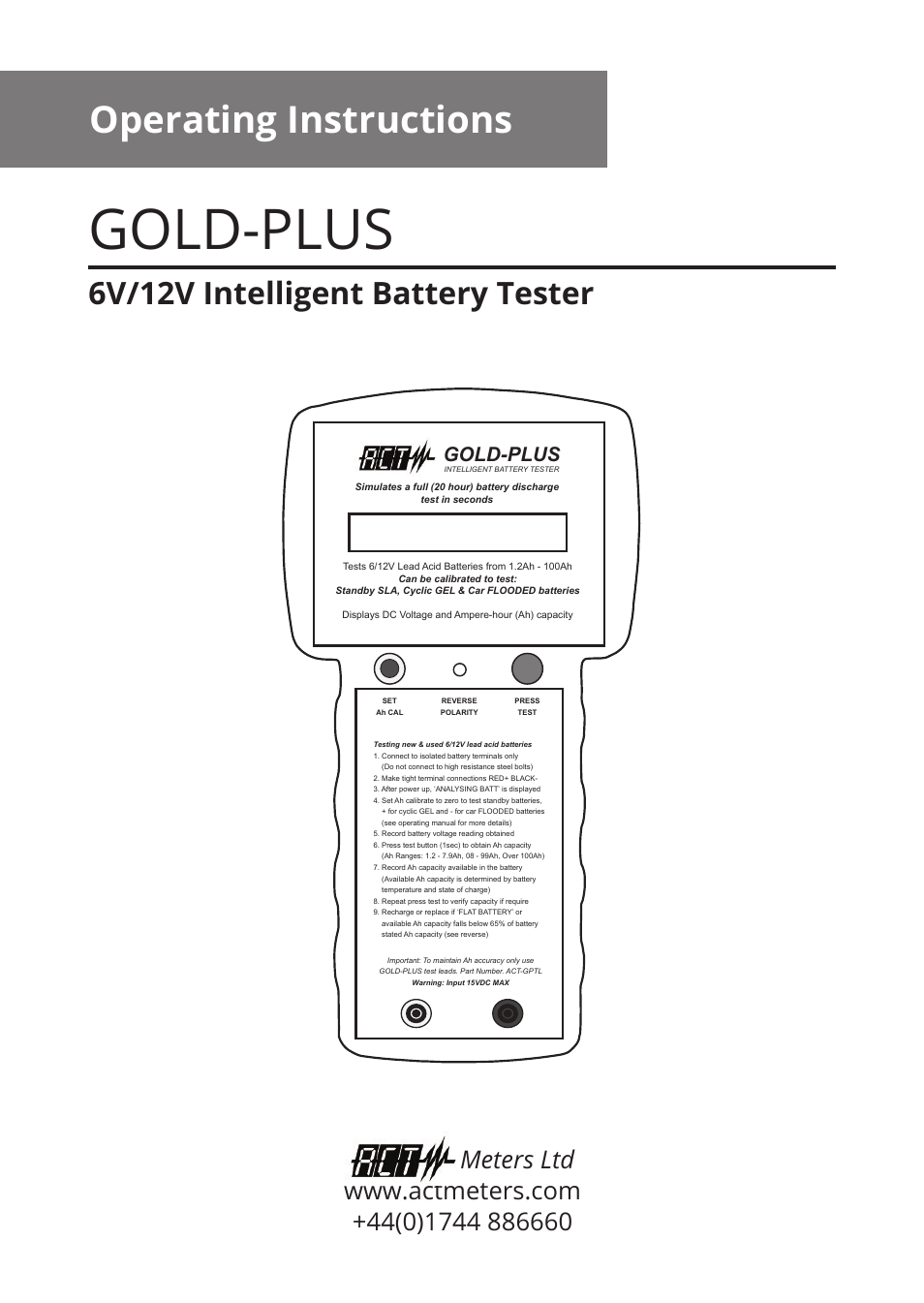 ACT Meters GOLD-PLUS 6V/12V Battery Tester User Manual | 12 pages
