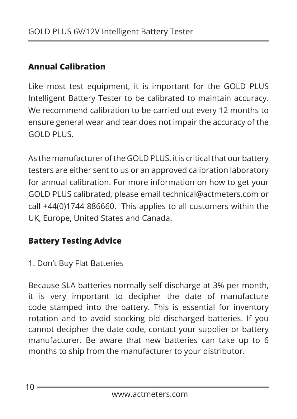 ACT Meters GOLD-PLUS 6V/12V Battery Tester User Manual | Page 10 / 12