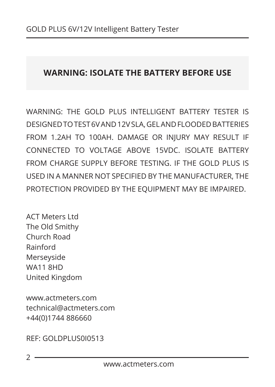 ACT Meters GOLD-PLUS 6V/12V Battery Tester User Manual | Page 2 / 12