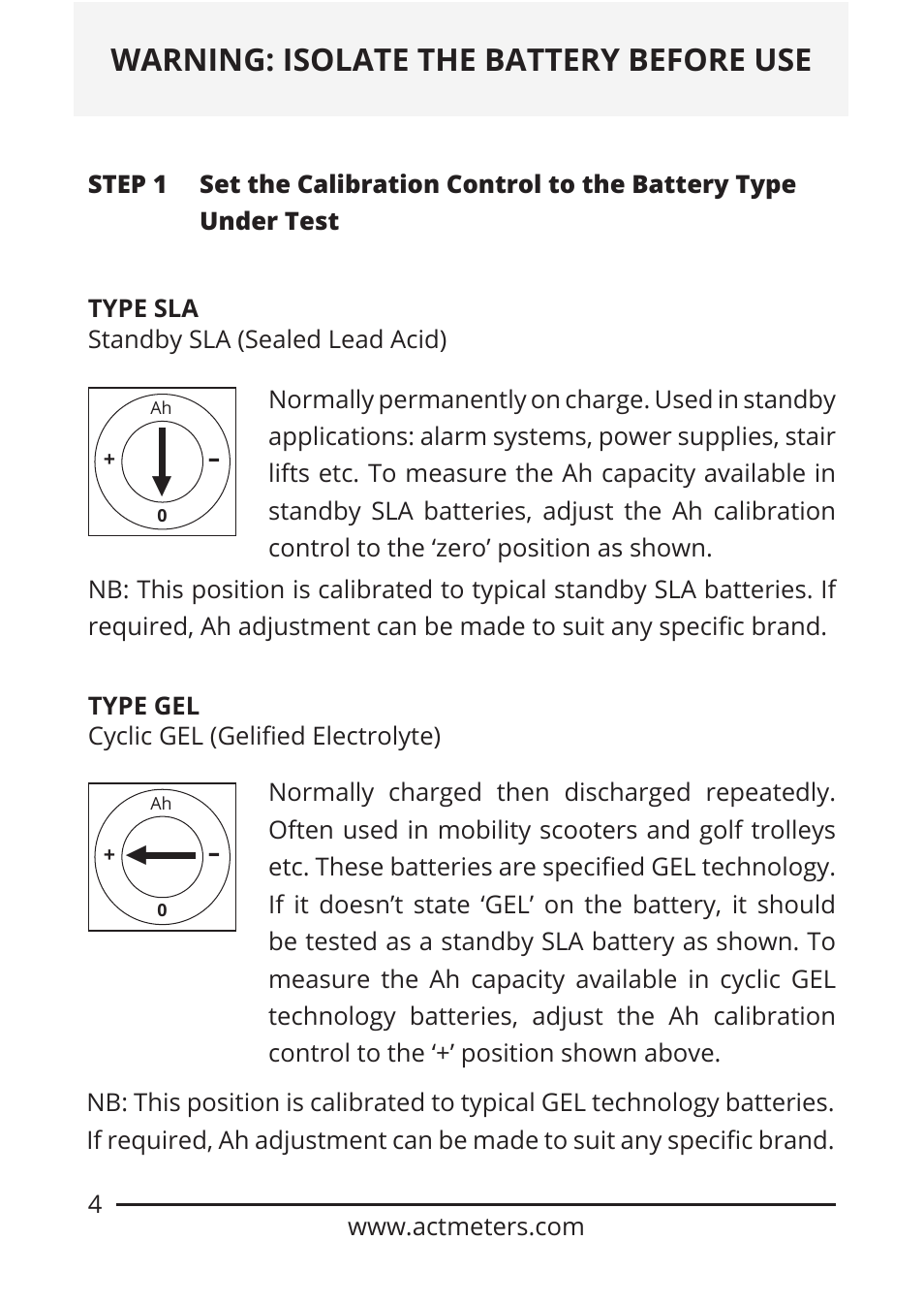 Warning: isolate the battery before use | ACT Meters GOLD-PLUS 6V/12V Battery Tester User Manual | Page 4 / 12