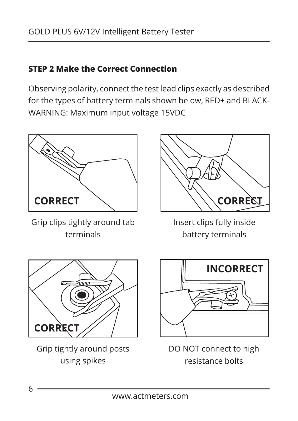 Correct, Incorrect | ACT Meters GOLD-PLUS 6V/12V Battery Tester User Manual | Page 6 / 12