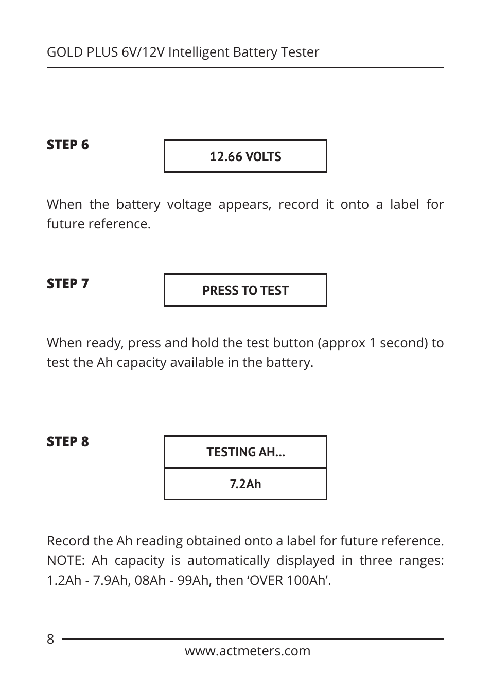 ACT Meters GOLD-PLUS 6V/12V Battery Tester User Manual | Page 8 / 12