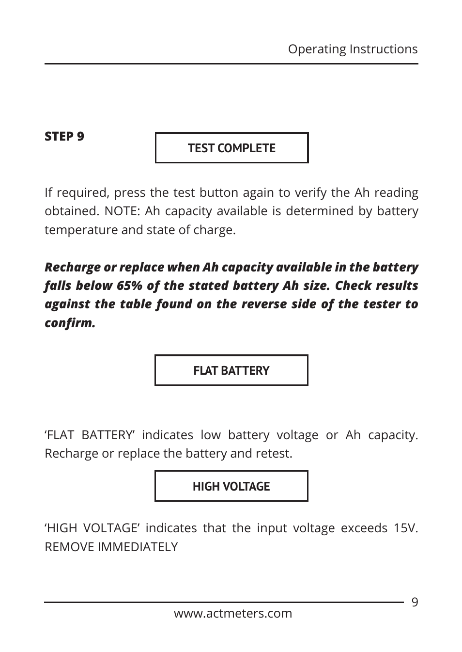 ACT Meters GOLD-PLUS 6V/12V Battery Tester User Manual | Page 9 / 12