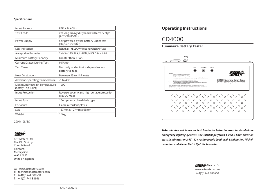 ACT Meters CD4000 Luminaire Battery Tester User Manual | 2 pages