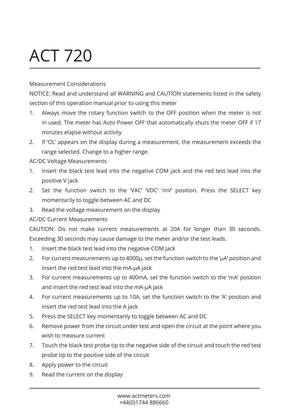 Act 720 | ACT Meters 720 Datalogging Multimeter User Manual | Page 11 / 19