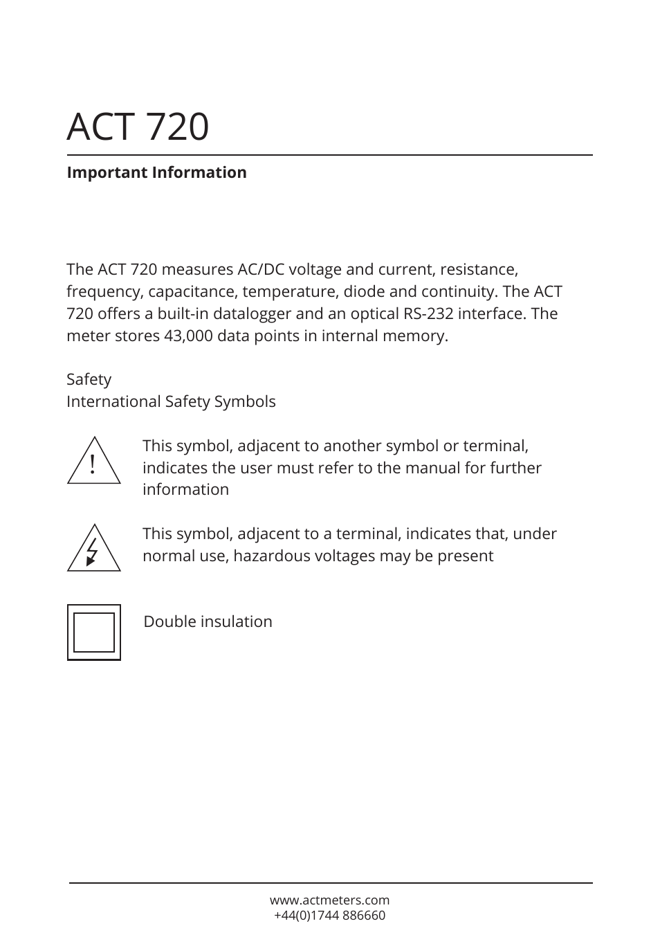 Act 720 | ACT Meters 720 Datalogging Multimeter User Manual | Page 2 / 19