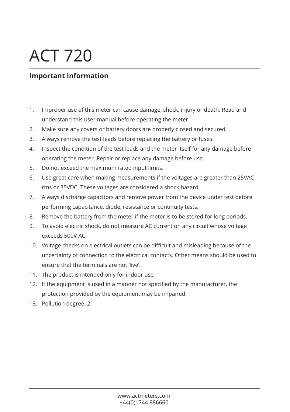 Act 720 | ACT Meters 720 Datalogging Multimeter User Manual | Page 3 / 19