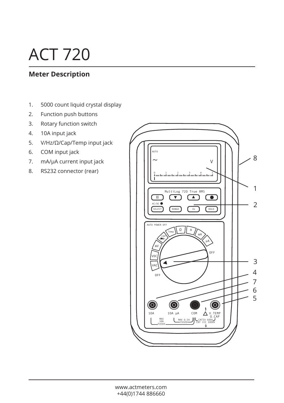 Act 720, Meter description | ACT Meters 720 Datalogging Multimeter User Manual | Page 9 / 19