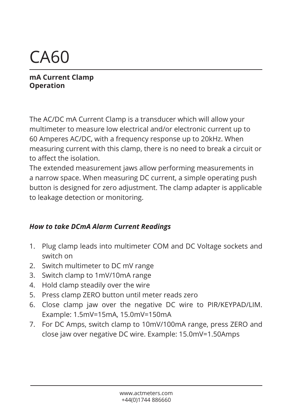 Ca60 | ACT Meters CA60 mA Current Clamp User Manual | Page 2 / 5