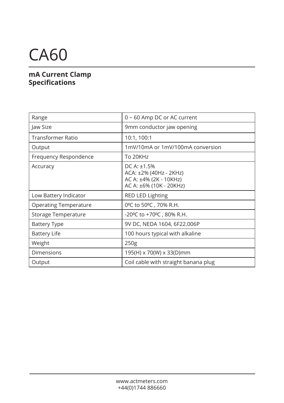 Ca60 | ACT Meters CA60 mA Current Clamp User Manual | Page 5 / 5