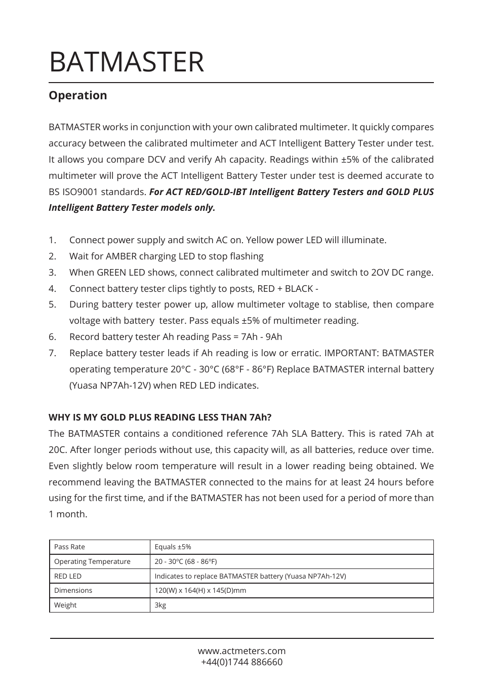 Batmaster, Operation | ACT Meters BATMASTER User Manual | Page 2 / 2