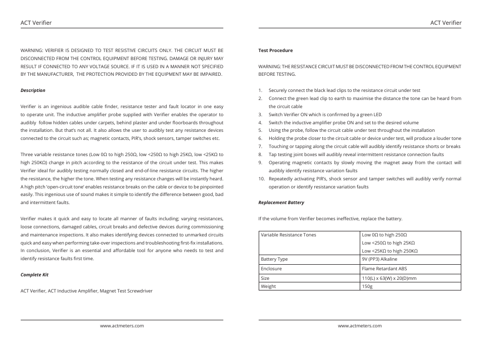 ACT Meters Verifier Audible Circuit Tester User Manual | Page 2 / 2