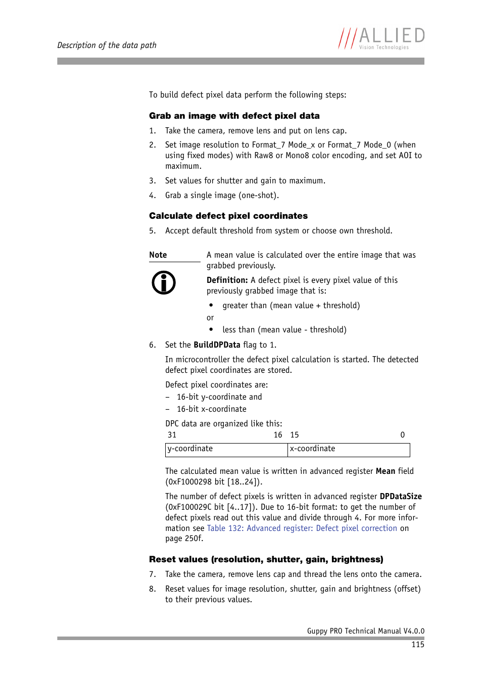 Grab an image with defect pixel data, Calculate defect pixel coordinates, Chapter | Grab, An image with defect pixel data | ALLIED Vision Technologies Guppy PRO F-503 User Manual | Page 117 / 283