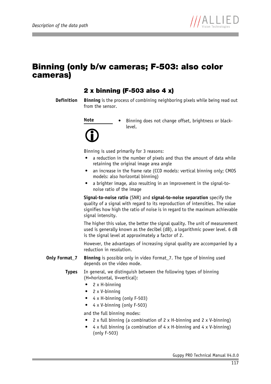 2 x binning (f-503 also 4 x), Chapter, Binning (only b/w cameras; f-503: also | Color cameras) | ALLIED Vision Technologies Guppy PRO F-503 User Manual | Page 119 / 283