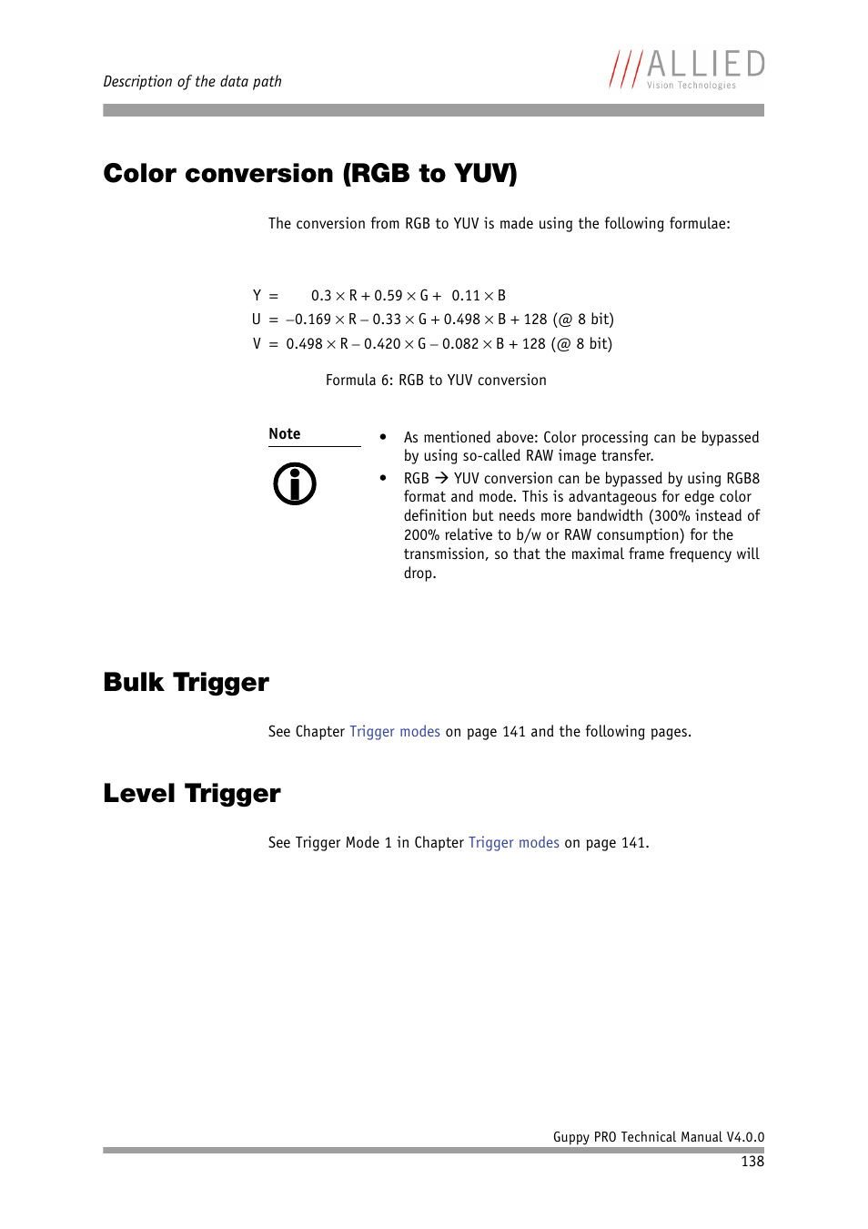 Color conversion (rgb to yuv), Bulk trigger, Level trigger | ALLIED Vision Technologies Guppy PRO F-503 User Manual | Page 140 / 283