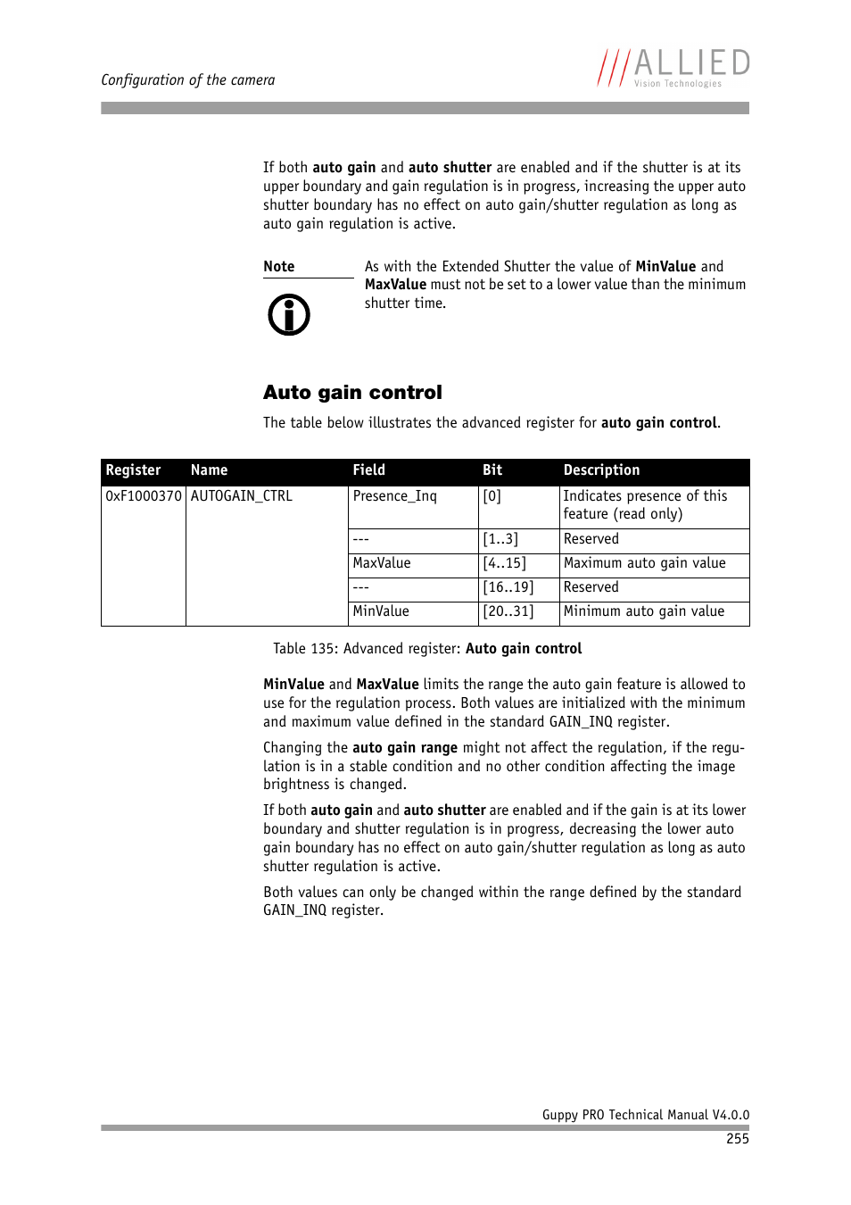 Auto gain control, Table, Advanced register: auto gain control | Table 135: advanced register: auto gain con, Trol | ALLIED Vision Technologies Guppy PRO F-503 User Manual | Page 257 / 283