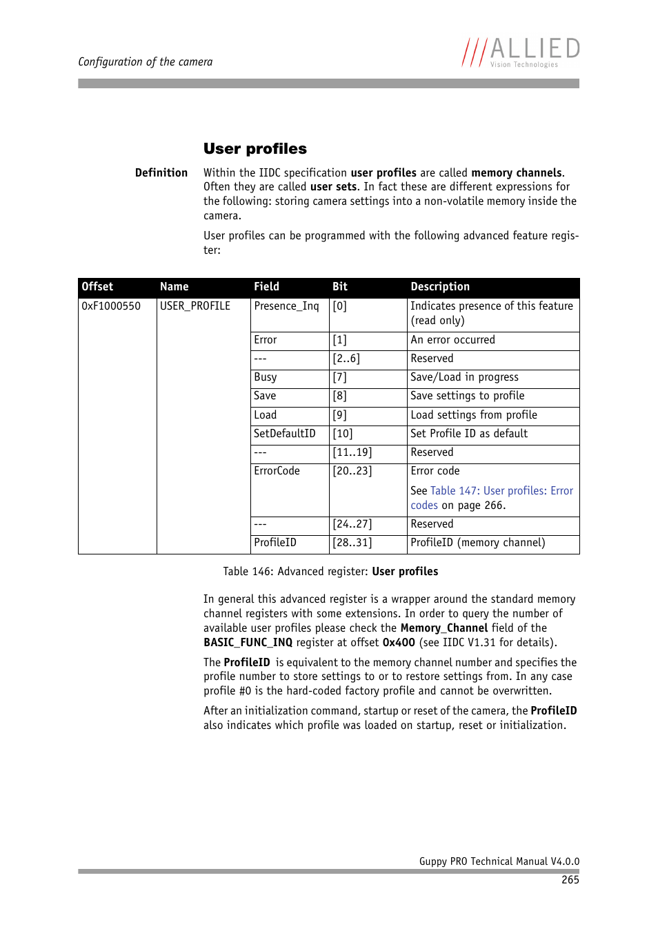 User profiles, Table 146: advanced register: user profiles | ALLIED Vision Technologies Guppy PRO F-503 User Manual | Page 267 / 283