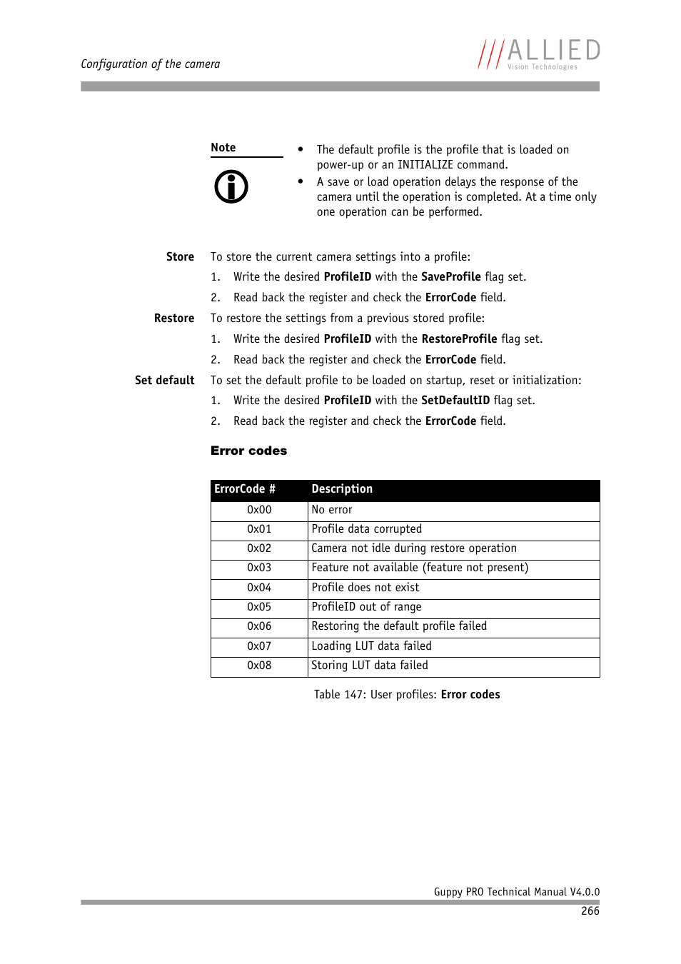 Error codes, Table 147: user profiles: error, Codes | ALLIED Vision Technologies Guppy PRO F-503 User Manual | Page 268 / 283