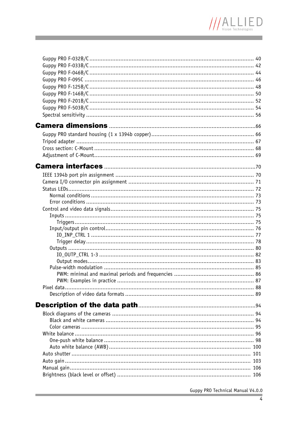 Camera dimensions, Camera interfaces, Description of the data path | ALLIED Vision Technologies Guppy PRO F-503 User Manual | Page 4 / 283