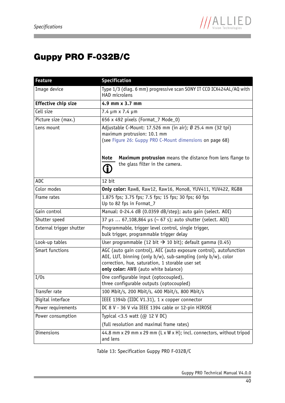 Guppy pro f-032b/c, Chapter | ALLIED Vision Technologies Guppy PRO F-503 User Manual | Page 42 / 283