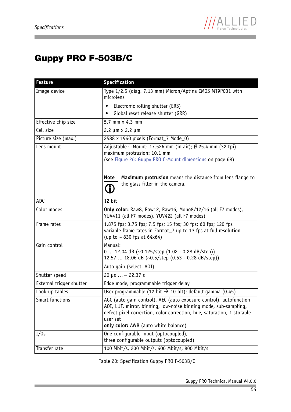 Guppy pro f-503b/c, E chapter, See chapter | S available: see chapter, Guppy, Pro f-503b/c, Ls: see chapter, Guppy pro, F-503b/c, It/s: see chapter | ALLIED Vision Technologies Guppy PRO F-503 User Manual | Page 56 / 283