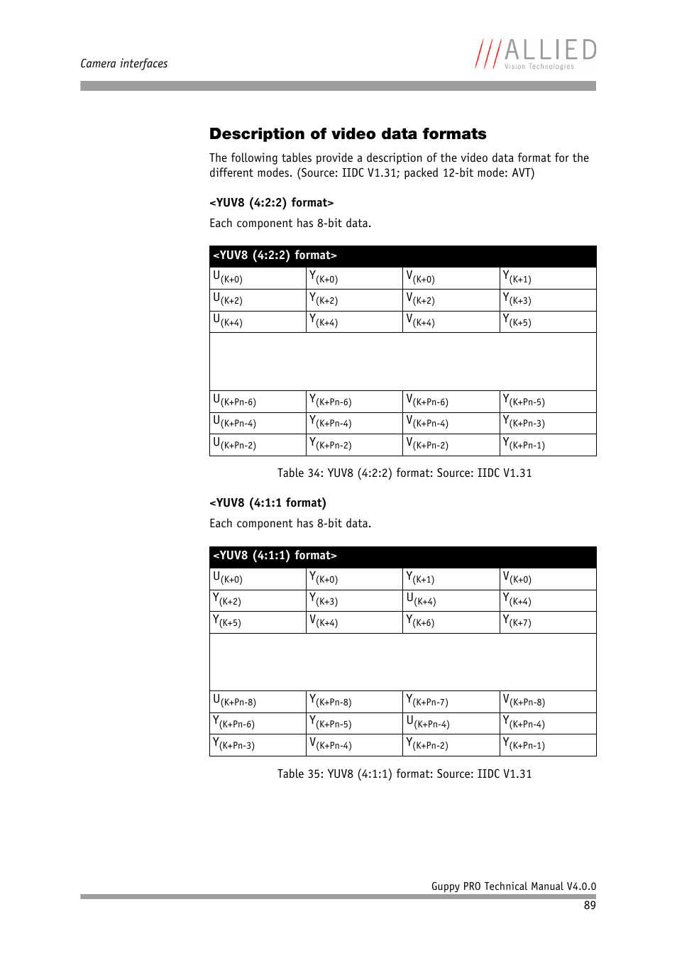 Description of video data formats, E chapter | ALLIED Vision Technologies Guppy PRO F-503 User Manual | Page 91 / 283