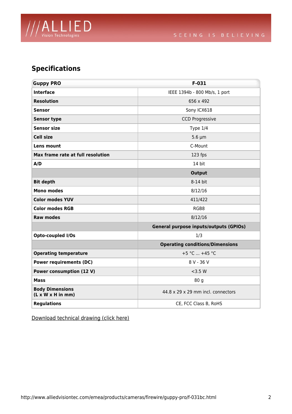 Specifications | ALLIED Vision Technologies Guppy PRO F-031 User Manual | Page 2 / 4